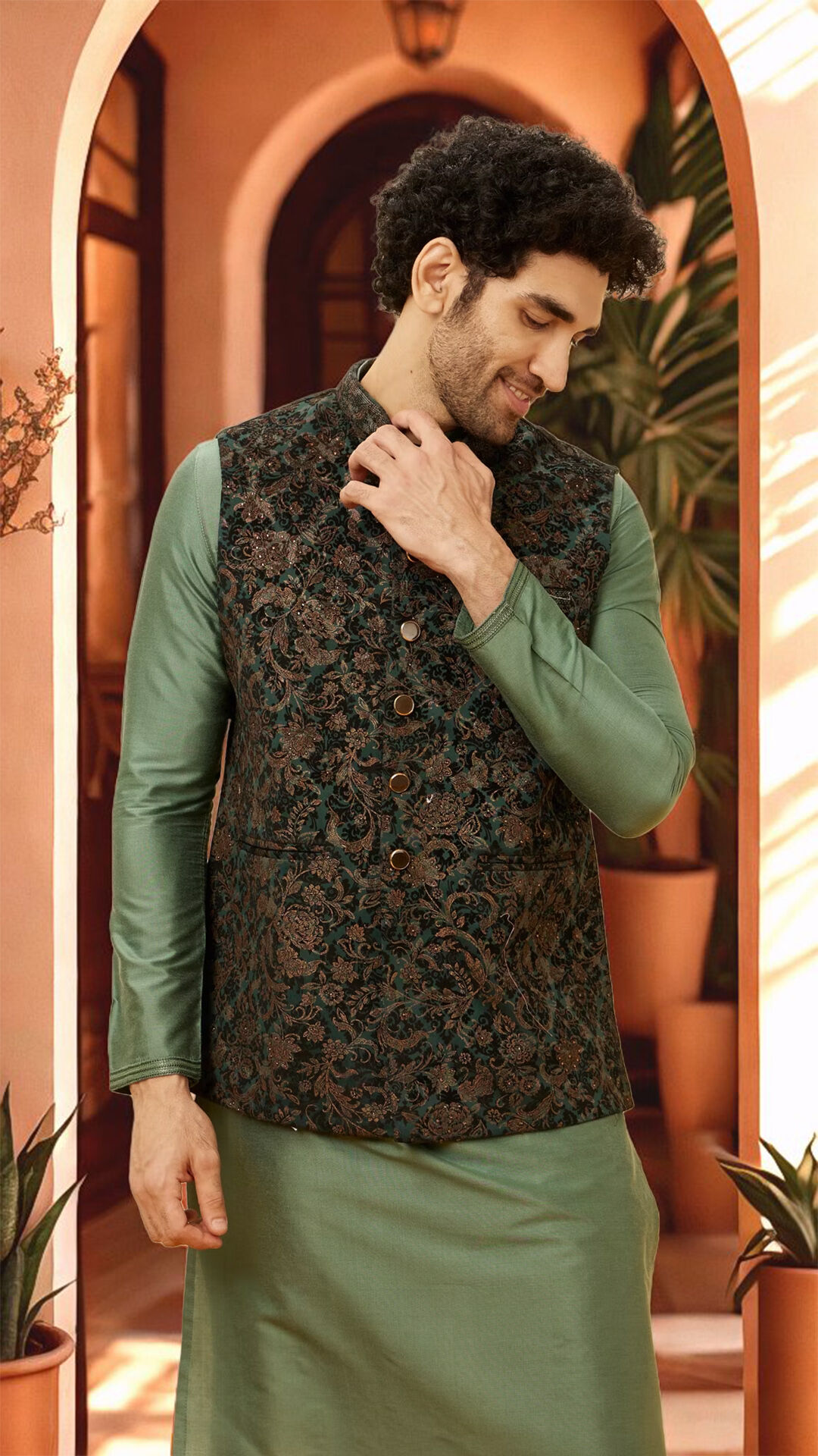 Stylish man dressed in a bottle green printed Nehru jacket, adding a sophisticated touch to his outfit.